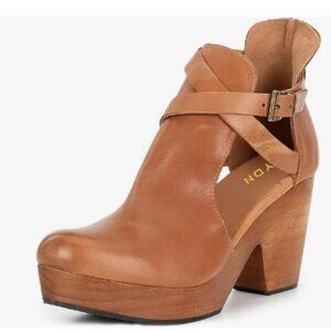 YDN Brown Platform Cross Strap Buckles Closed Toe High Heel Cutout Ankle Boots